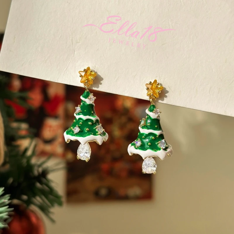 Close-up detail of the sparkling zircons and plating on the Green Christmas Tree Earrings