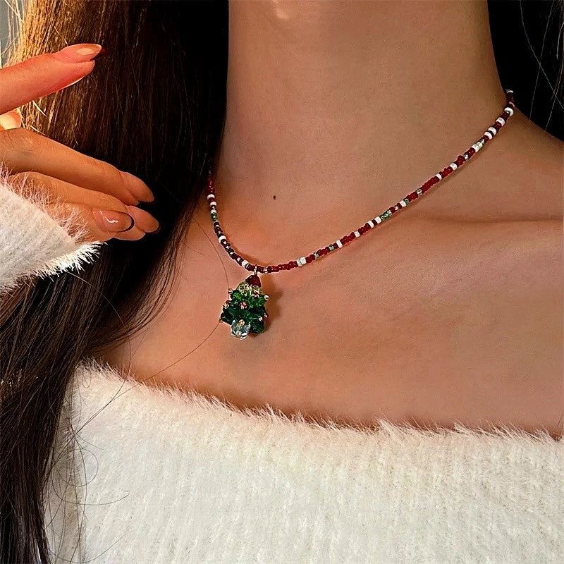 14K Gold-Plated Christmas Tree Pendant Beaded Necklace - beautiful Beaded Christmas Necklace