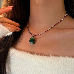 14K Gold-Plated Christmas Tree Pendant Beaded Necklace - beautiful Beaded Christmas Necklace