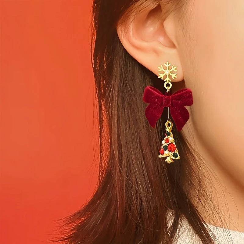 14K Gold-Plated Christmas Tree Snowflake Bow Earrings - elegant Christmas Tree Bow Earrings