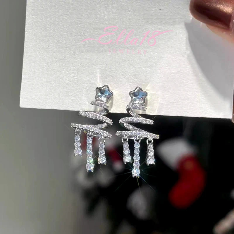 Angled view of the 14K Gold-Plated Christmas Tree Zircon Tassel Earrings