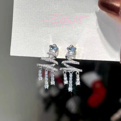 Angled view of the 14K Gold-Plated Christmas Tree Zircon Tassel Earrings