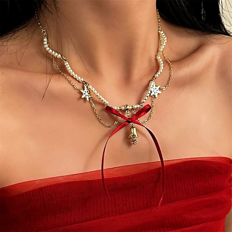 14K Gold-Plated Christmas Wine Red Bow Bell Beaded Snowflake Necklace - beautiful Christmas Beaded Necklace