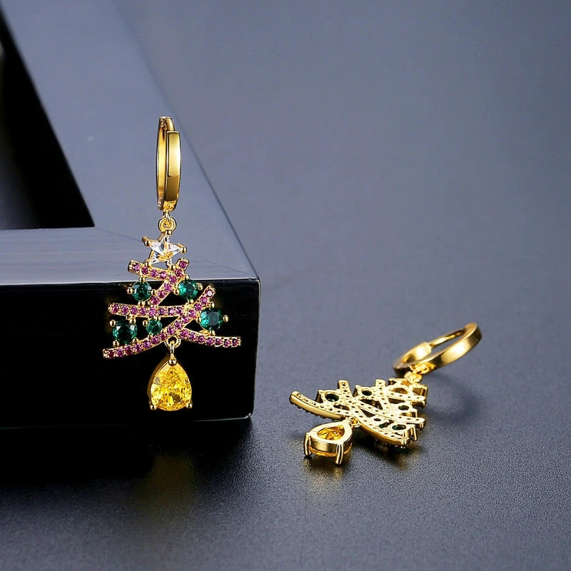 Angled view of the 14K Gold-Plated Christmas Zircon Colored Christmas Tree Earrings