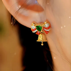 Angled view of the 14K Gold-Plated Christmas Zircon Diamond Bow Bell Earrings