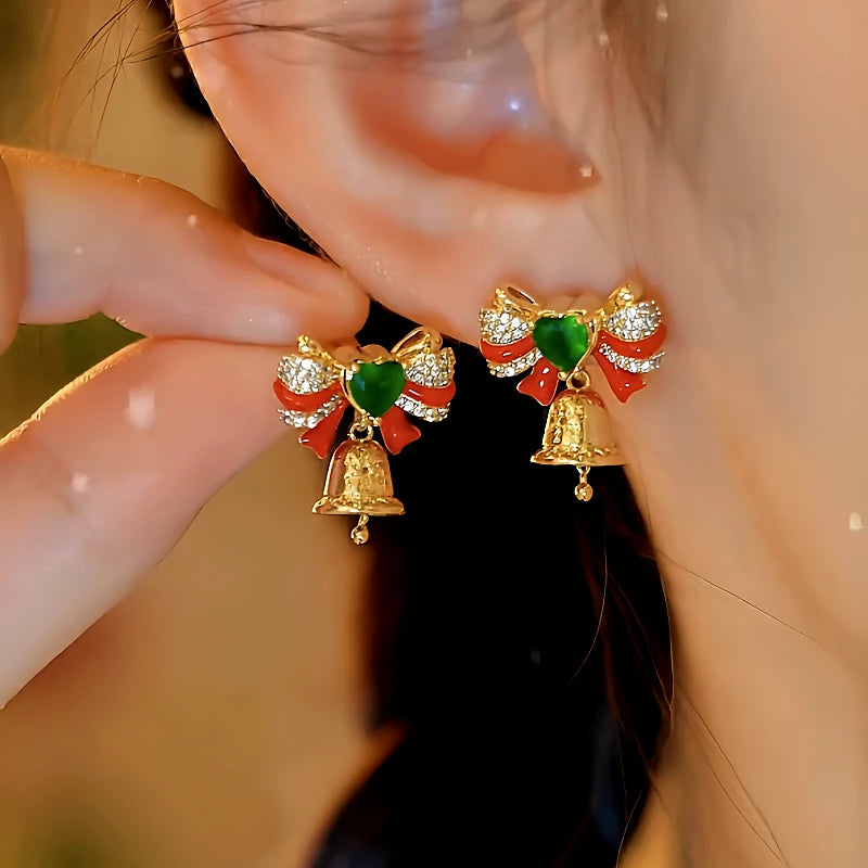 Close-up detail of the sparkling zircons and plating on the Zircon Bow Bell Earrings