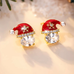 Angled view of the 14K Gold-Plated Christmas Zircon Hat Earrings