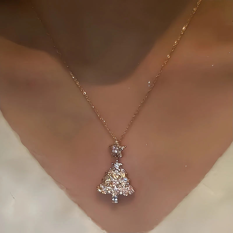 14K Gold-Plated Christmas Zircon Pink Christmas Tree Necklaces worn to showcase its length and pendant detail