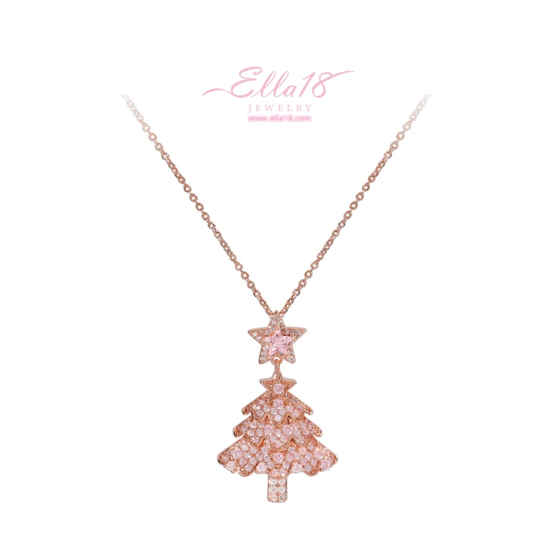 Detailed view of the 14K Gold-Plated Christmas Zircon Pink Christmas Tree Necklaces chain and pendant