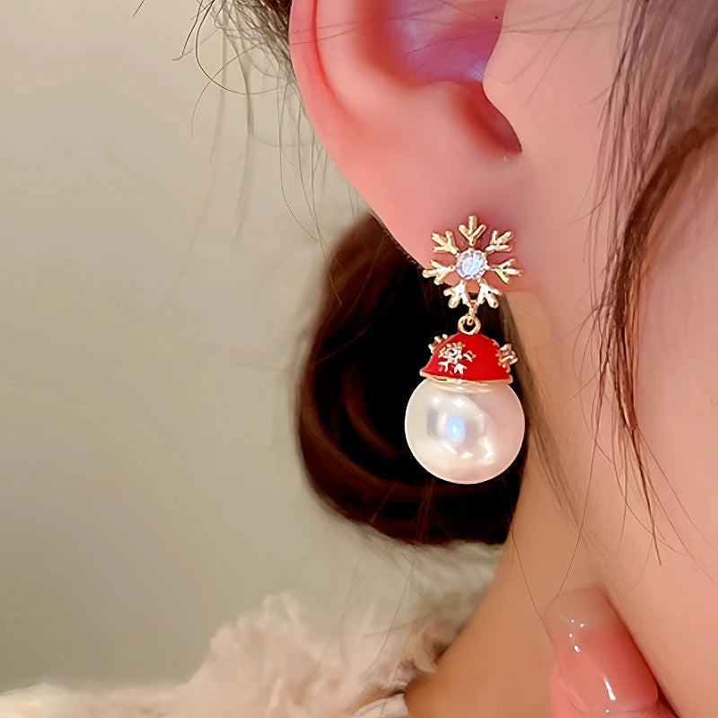 14K Gold-Plated Christmas Zircon Snowflake Hat Imitation Pearl Earrings - elegant Snowflake Hat Earrings