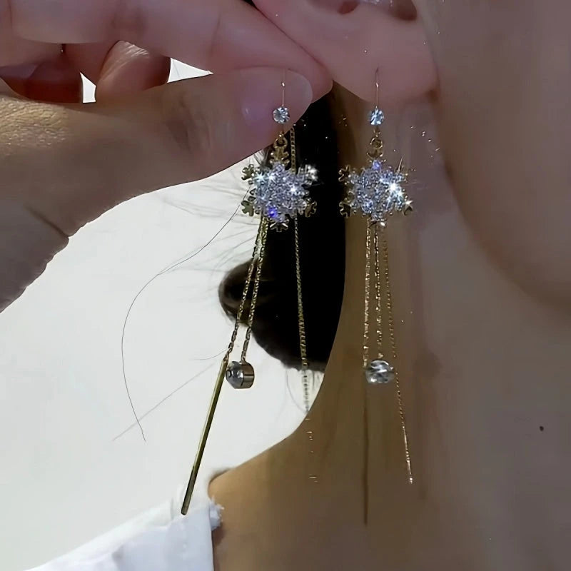 14K Gold-Plated Christmas Zircon Snowflake Tassel Threader Earrings - elegant Snowflake Threader Earrings