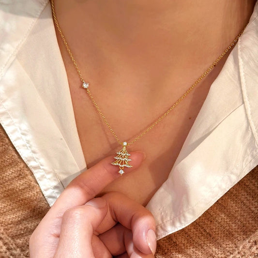 14K Gold-Plated Christmas Zircon Tree Earrings - beautiful Zircon Tree Necklace