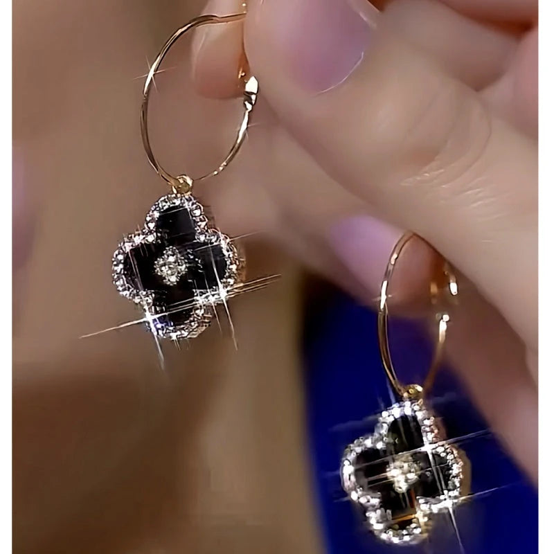 14K Gold-Plated Zircon Classic Black Leaf Earrings - elegant Classic Black Leaf Earrings