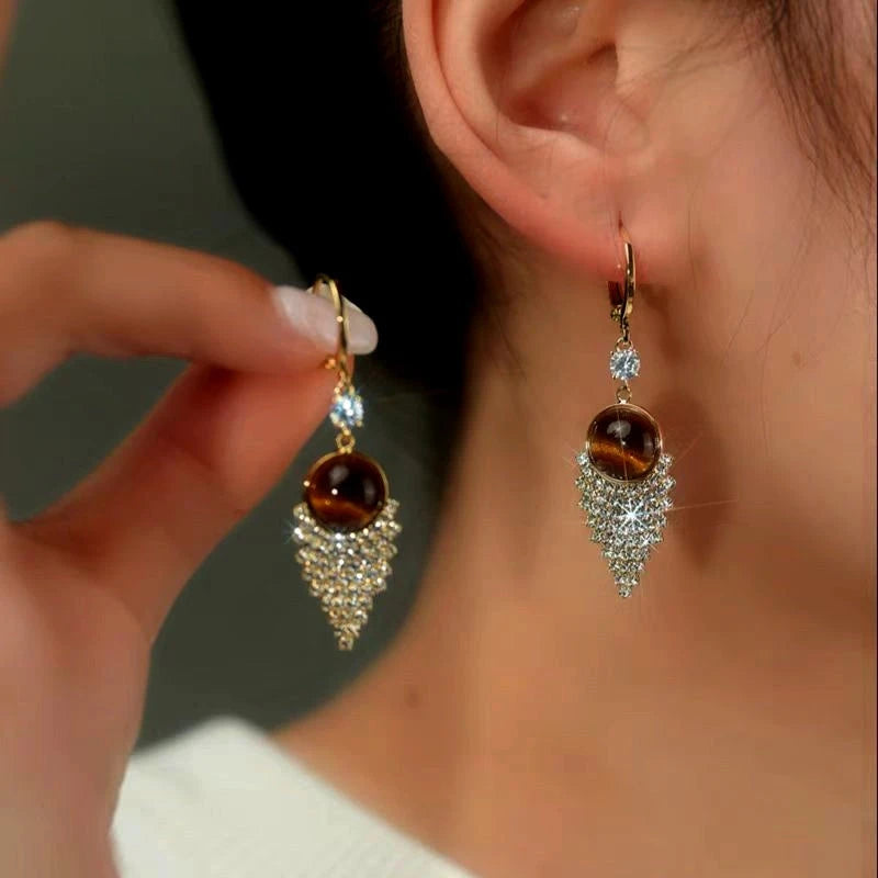 14K Gold-Plated Classic Brown Water Drop Tassel Earrings - elegant Brown Tassel Earrings