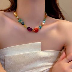 14K Gold-Plated Colorful Beaded Star Necklace worn to showcase its length and pendant detail