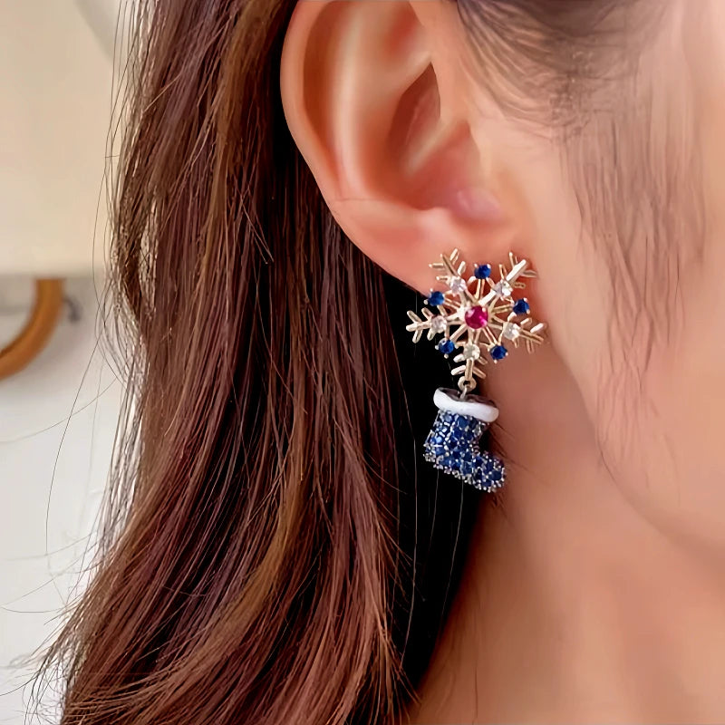 Angled view of the 14K Gold-Plated Colorful Christmas Snowflake Boots Hat Earrings
