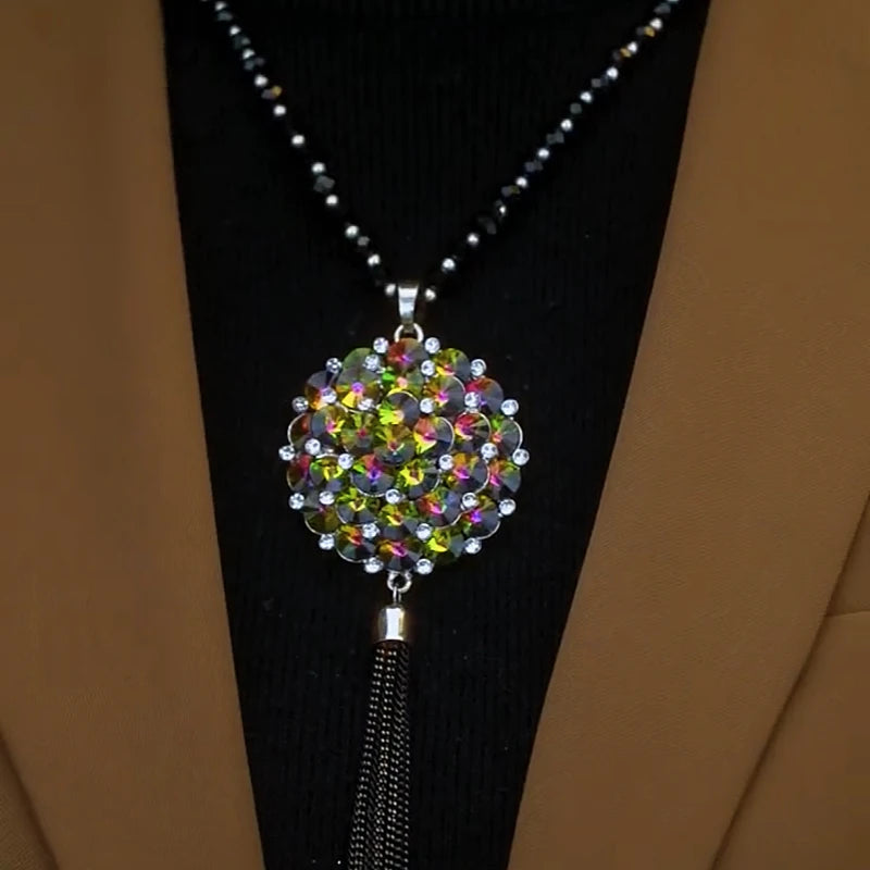 14K Gold-Plated Colorful Crystal Sweater Chain Necklace - beautiful Crystal Sweater Necklace