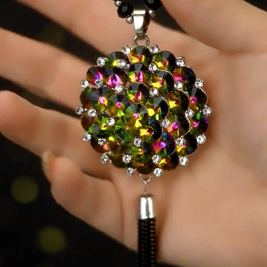 14K Gold-Plated Colorful Crystal Sweater Chain Necklace worn to showcase its length and pendant detail