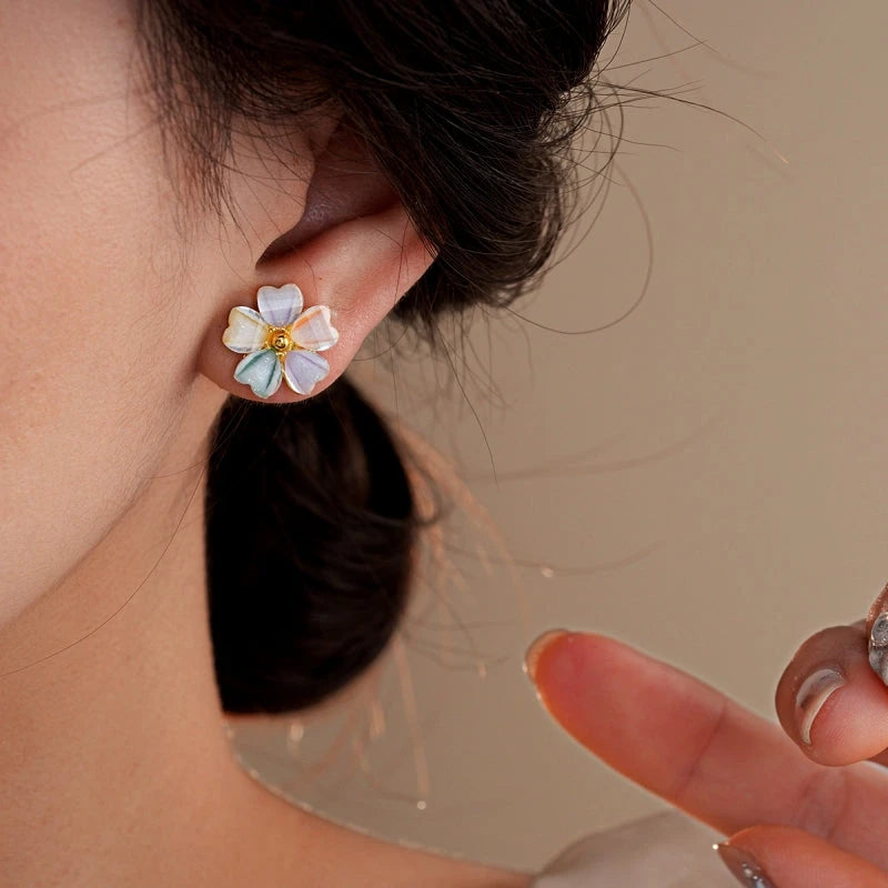 Close-up detail of the sparkling zircons and plating on the Colorful Flower Studs