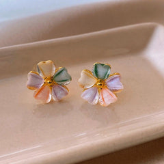 Angled view of the 14K Gold-Plated Colorful Flower Stud Earrings