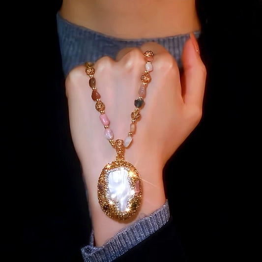 14K Gold-Plated Colorful Round Sweater Chain Necklace worn to showcase its length and pendant detail