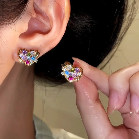 14K Gold-Plated Colorful Zircon Diamond Heart Stud Earrings - elegant Zircon Heart Studs