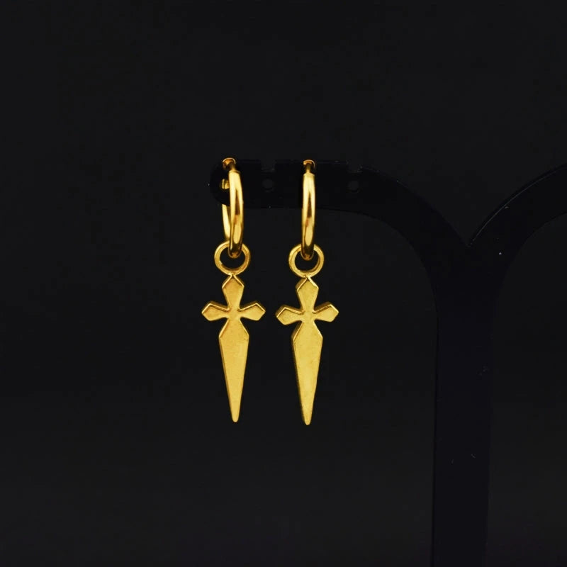 Model showcasing the dangle and style of the 14K Gold-Plated Cross Personalized Earrings