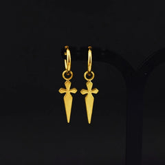 Model showcasing the dangle and style of the 14K Gold-Plated Cross Personalized Earrings