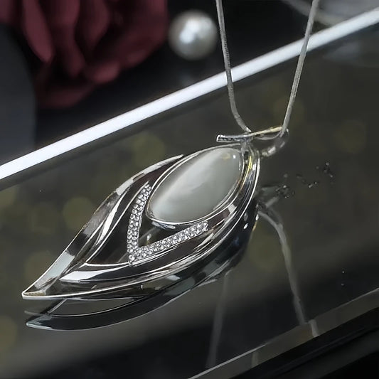 14K Gold-Plated Crystal Diamond-Studded Multi-Layer Leaf Sweater Chain Necklace worn to showcase its length and pendant detail