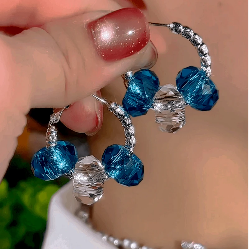 14K Gold-Plated Crystal Hoop Earrings - elegant Blue Crystal Hoops