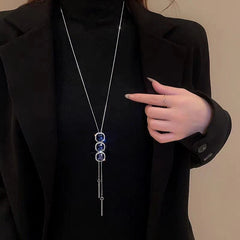 14K Gold-Plated Crystal Sweater Chain Necklaces - beautiful Blue Crystal Sweater Necklace