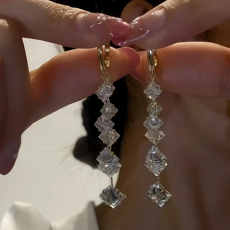 14K Gold-Plated Crystal Tassel Earrings - elegant Crystal Tassel Earrings