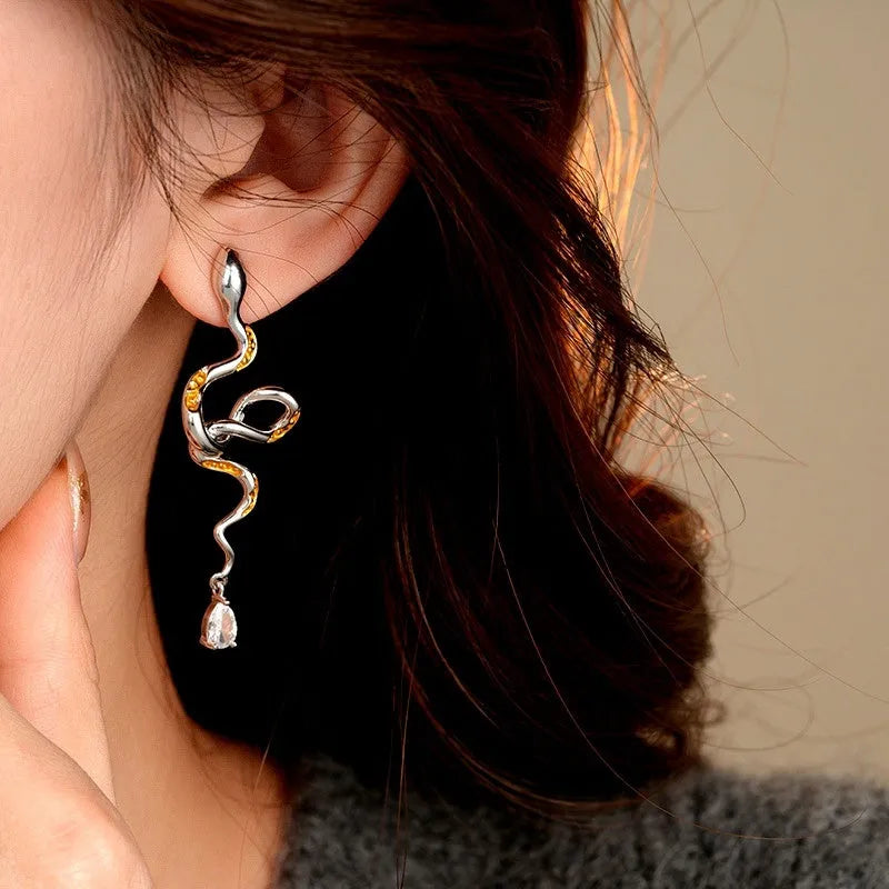 14K Gold-Plated Curved Snake Zircon Water Drop Earrings - elegant Snake Water Drop Earrings