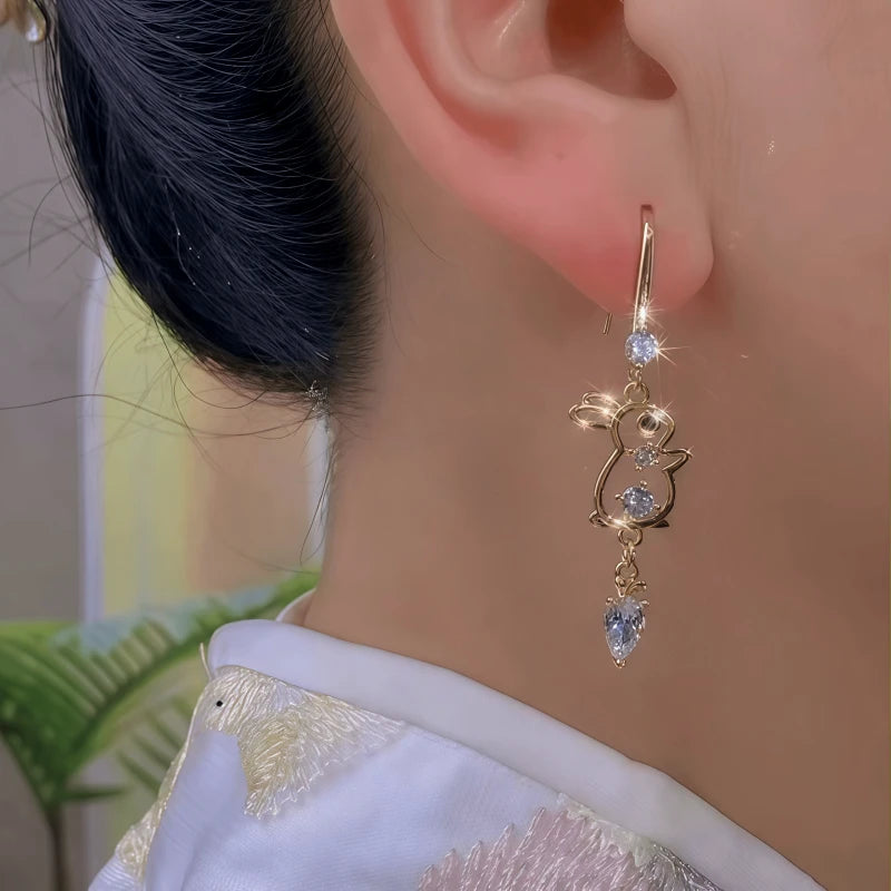 Close-up detail of the sparkling zircons and plating on the Rabbit Ear Hook Earrings