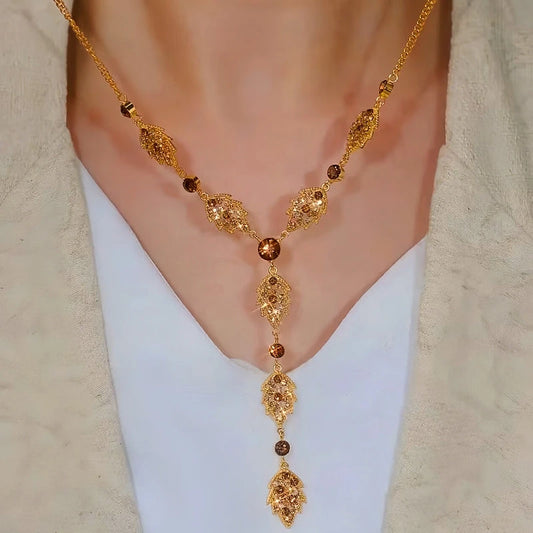 14K Gold-Plated Diamond-Studded Brown Leaf Necklace - beautiful Brown Leaf Necklace