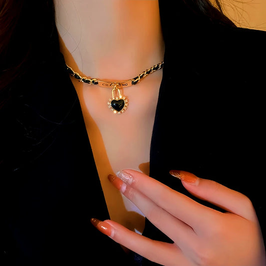 14K Gold-Plated Diamond-Studded Love Lock Leather Wrapped Necklace - beautiful Love Lock Necklace