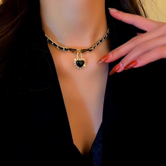 14K Gold-Plated Diamond-Studded Love Lock Leather Wrapped Necklace worn to showcase its length and pendant detail