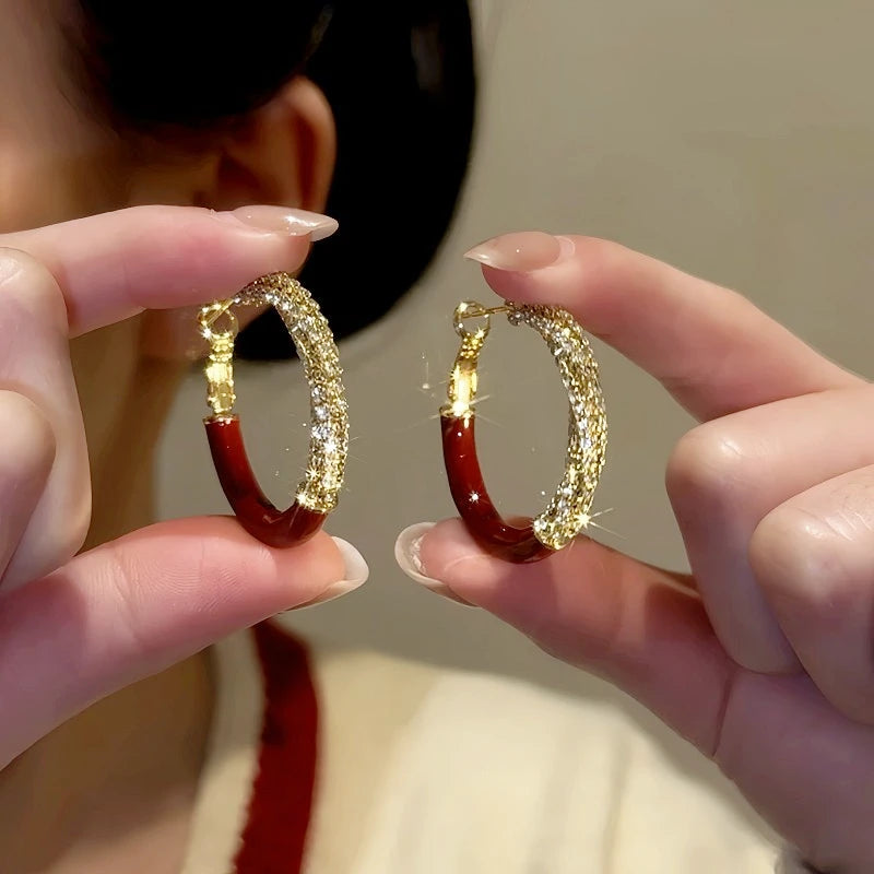 14K Gold-Plated Diamond-Studded Red Glaze Hoop Earrings - elegant Red Hoop Earrings