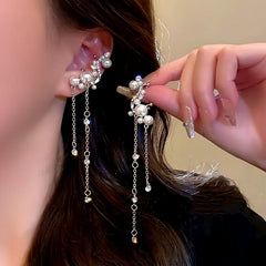 14K Gold-Plated Diamond-Studded Tassel Ear Bone Clip Earrings - elegant Tassel Ear Clip