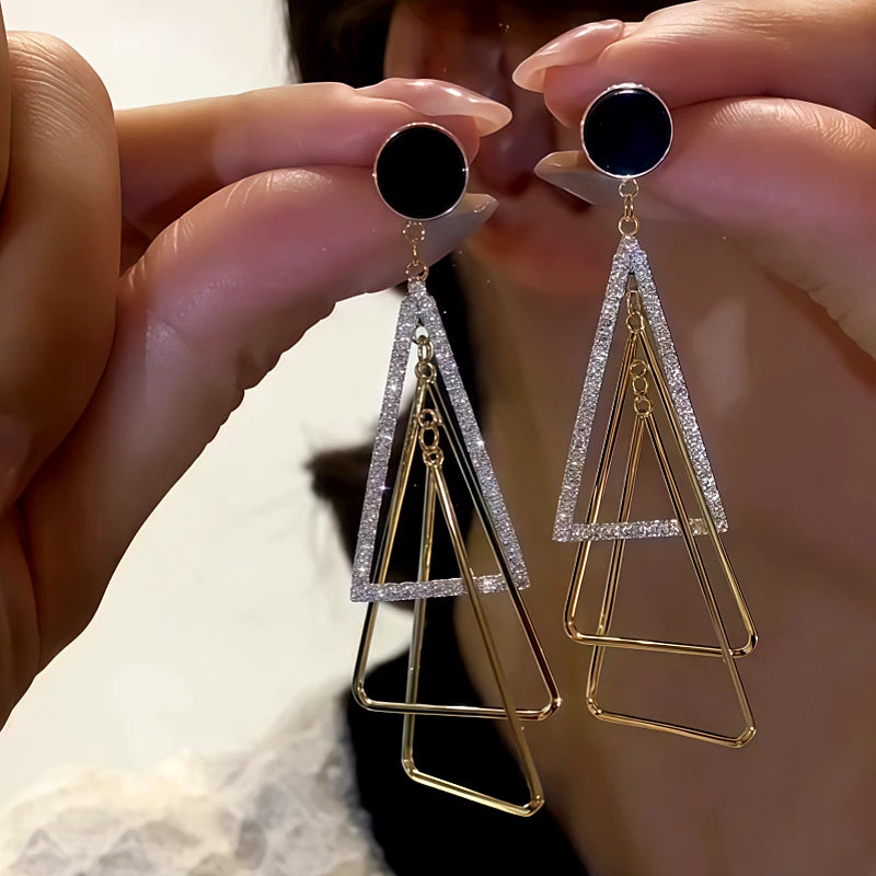 14K Gold-Plated Diamond-Studded Three-Dimensional Multi-Layer Triangle Earrings - elegant Triangle Earrings