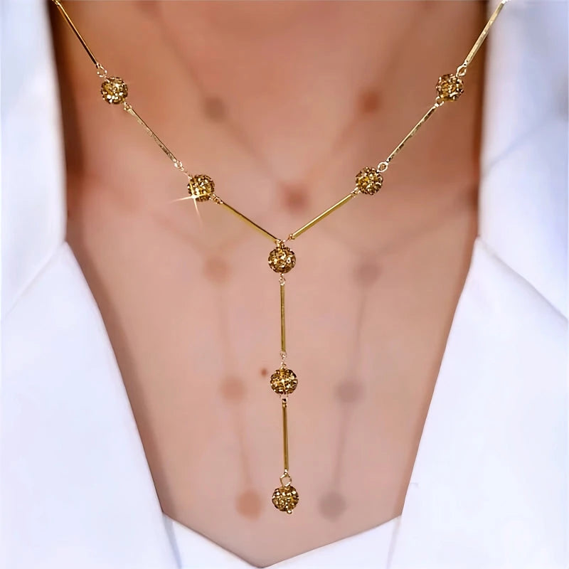 14K Gold-Plated Diamond-Studded Y-Shaped Coffee-Colored Diamond Ball Necklace - beautiful Y-Shaped Necklace