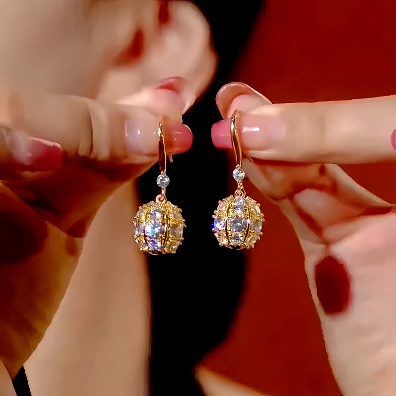 14K Gold-Plated Diamond Ball Ear Hook Earrings - elegant Ball Ear Hook Earrings
