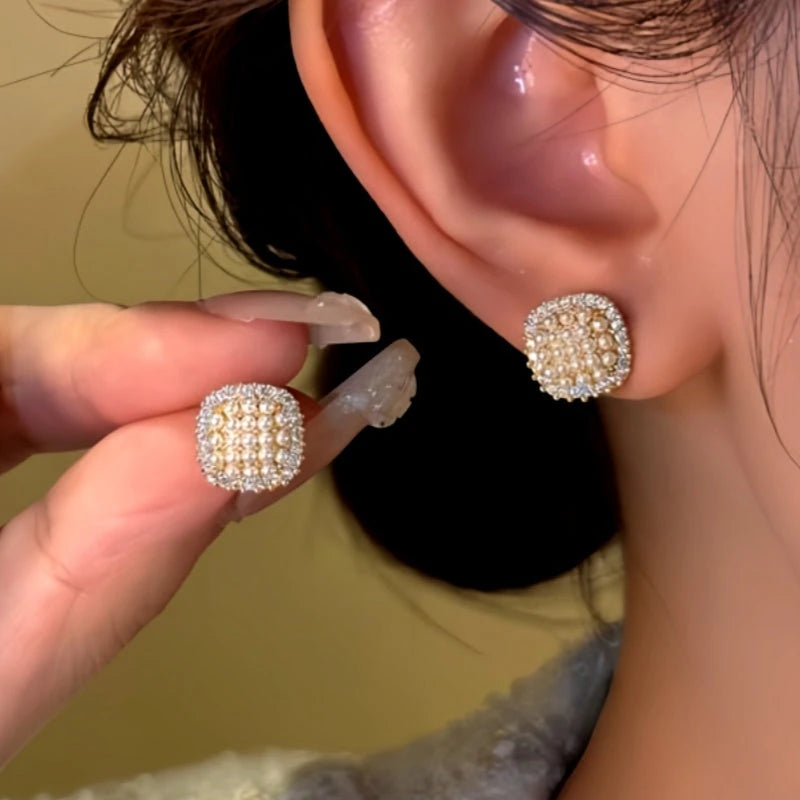 14K Gold-Plated Diamond Beads Stud Earrings - elegant Diamond Beads Studs