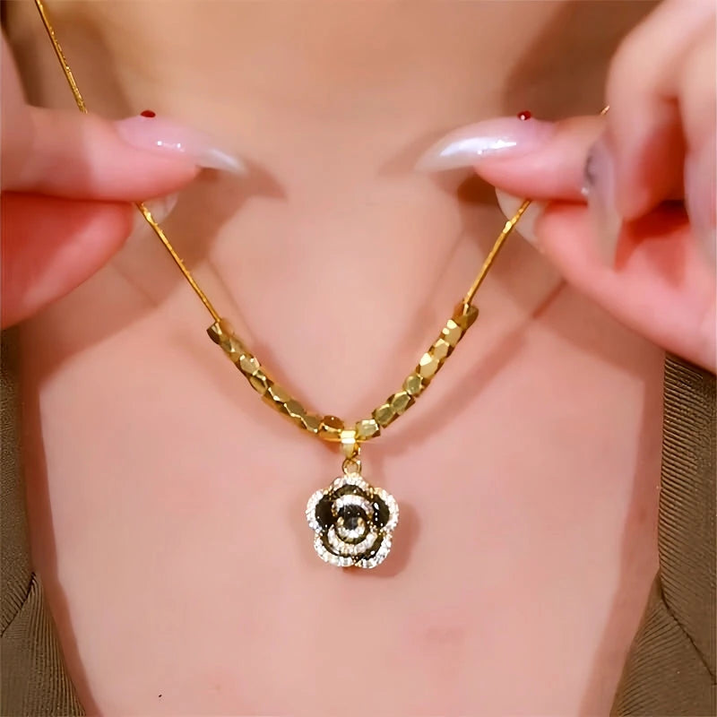 14K Gold-Plated Diamond Black Camellia Necklace - beautiful Black Camellia Necklace