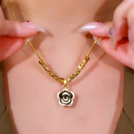 14K Gold-Plated Diamond Black Camellia Necklace - beautiful Black Camellia Necklace