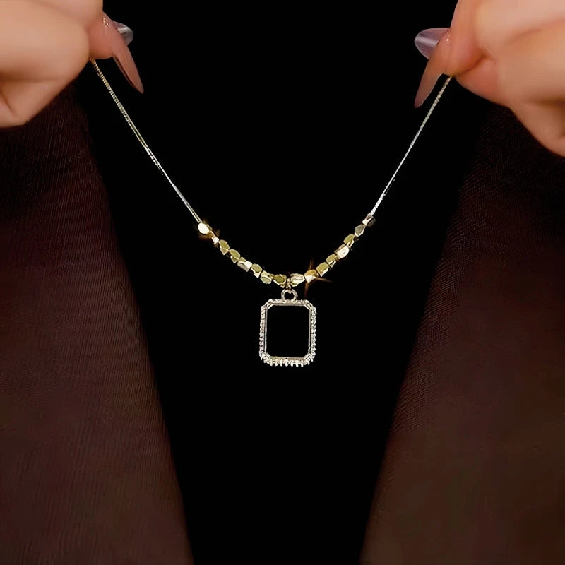 14K Gold-Plated Diamond Black Square Necklace worn to showcase its length and pendant detail