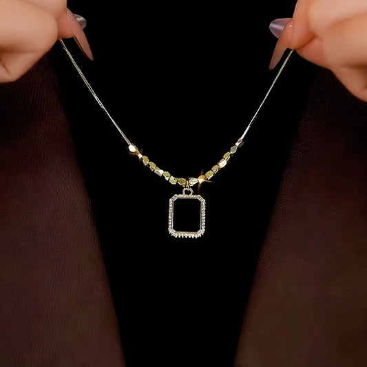 14K Gold-Plated Diamond Black Square Necklace worn to showcase its length and pendant detail