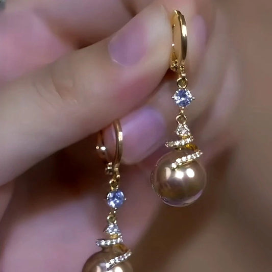 14K Gold-Plated Diamond Brown Pearl Earrings - elegant Brown Pearl Earrings