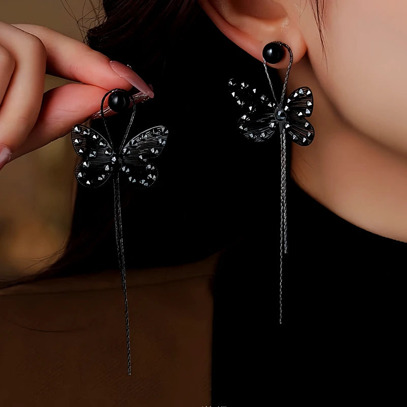 14K Gold-Plated Diamond Butterfly Long Tassel Earrings - elegant Butterfly Tassel Earrings