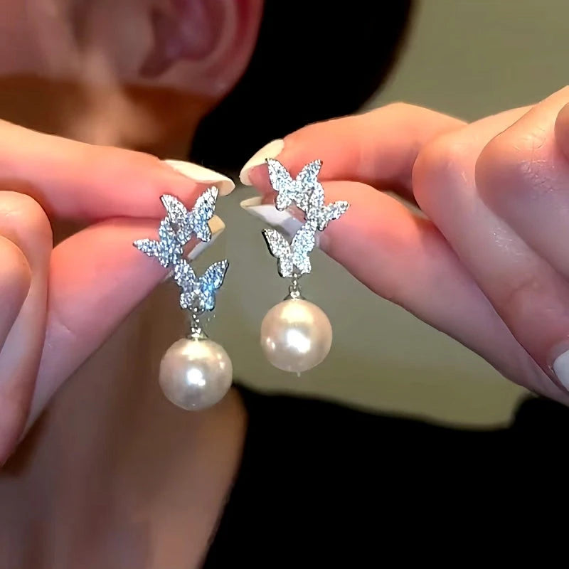 14K Gold-Plated Diamond Butterfly Pearl Earrings - elegant Butterfly Pearl Earrings
